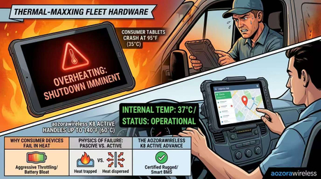 Overheated consumer tablet displaying thermal warning screen on a truck dashboard under direct sunlight-1.jpg