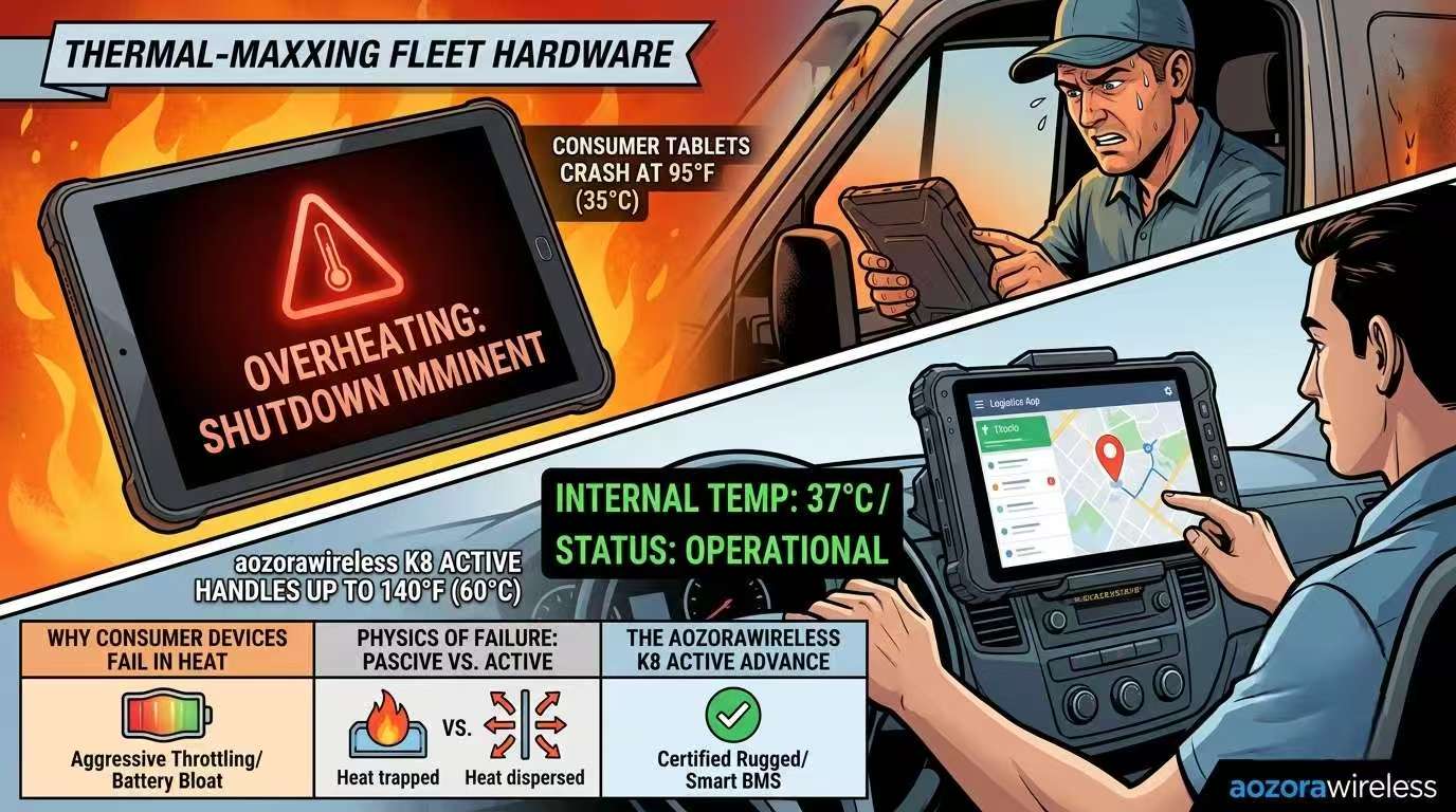 Overheated consumer tablet displaying thermal warning screen on a truck dashboard under direct sunlight-1.jpg