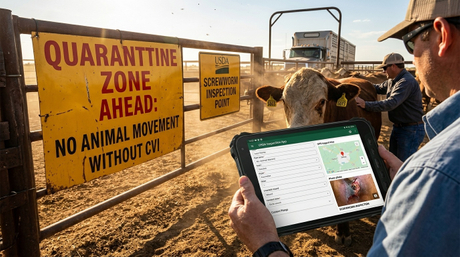 Aozora K8 Active 8-inch android rugged tablet displaying a USDA digital CVI wound tracking checklist inside a dusty cattle sorting pen 66.jpg
